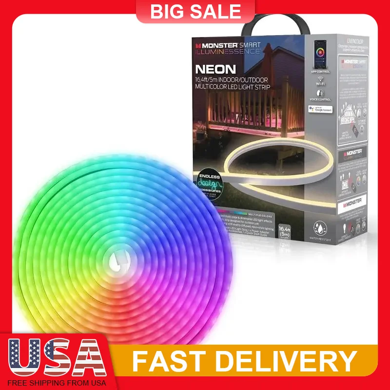 

16ft Smart Neon LED Strip Lights Waterproof Bendable WiFi App Control Alexa Google Home Voice Compatible Multicolor Lighting