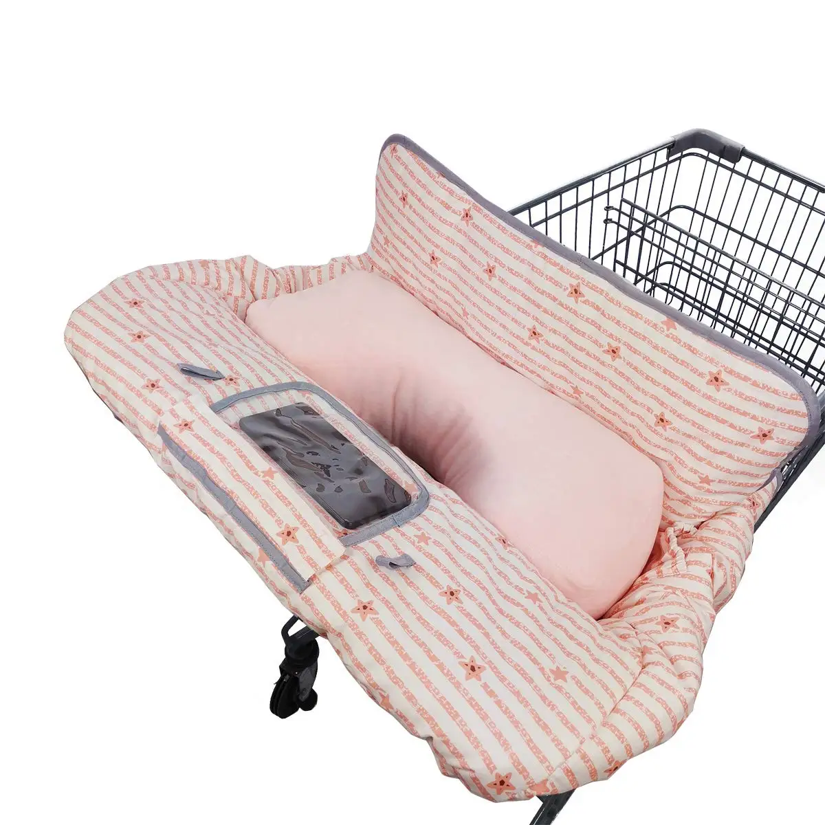 2-in-1 Baby Shopping Cart Cover with Phone Holder, Easy Attach & Remove, Pink Strip Star Design
