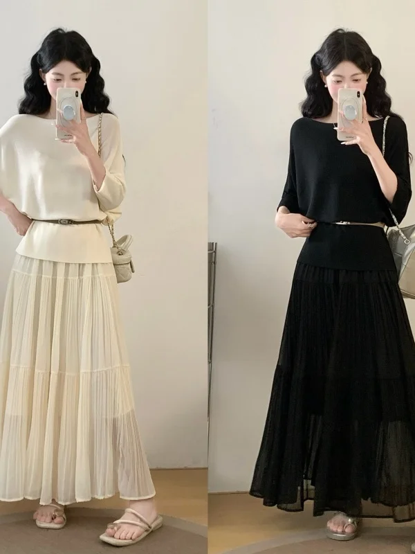 

plus Size Gentle Wind Batwing Sleeve Two-Piece Set Slimming Waist High Waist Pleated Long Skirt Belly Covering Fashionable Wo...