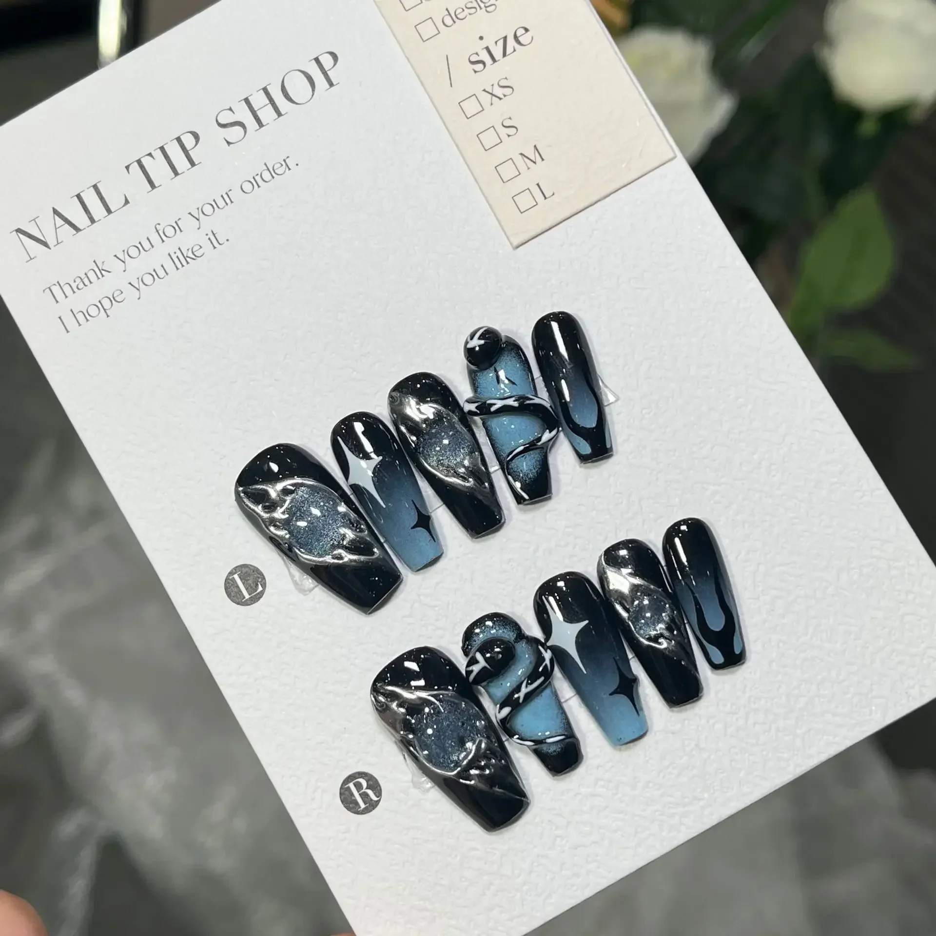 10Pc Blue Black Gradient Cat Eye Long Press On Nails Cool Hot Fake Nails 3D Snake Charms Design Artifical Coffin False Nail Tips