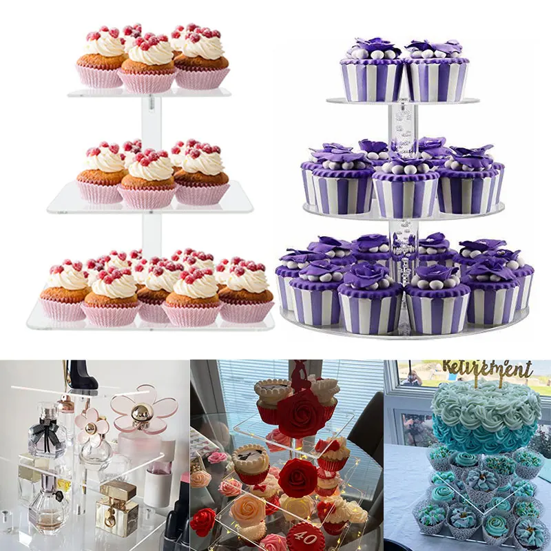 

3Tier Round Square Acrylic Wedding Cake Stand Crystal Cup Cake Display Shelf Cupcake Holder Plate Birthday Party Decoration Tool