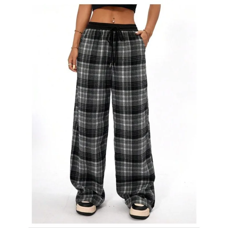 

Женские модные свободные брюки в клетку больших размеров с высокой талией и широкими штанинами, повседневные ретро прямые брюки, новые женские длинные брюки
