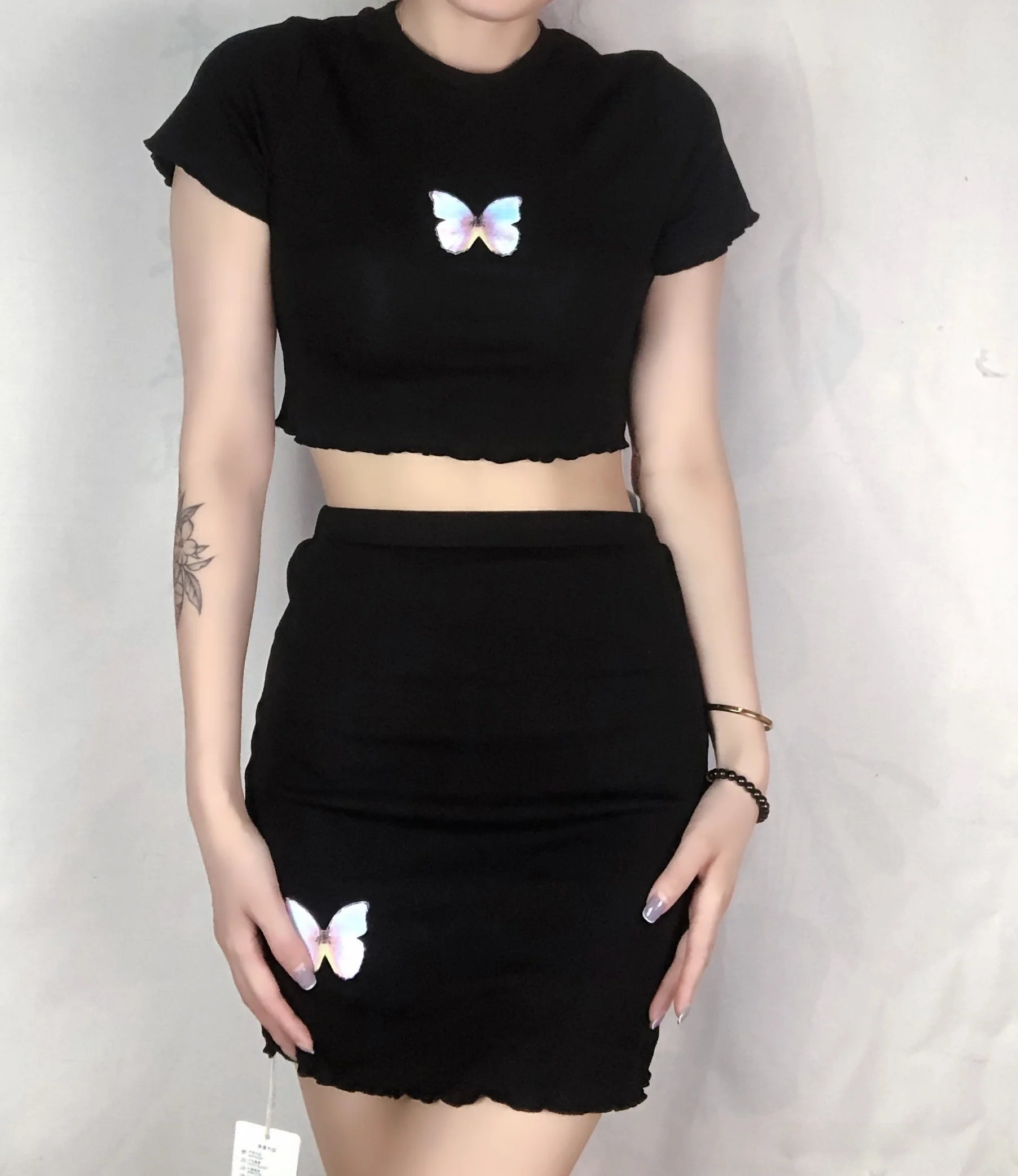 Rundes Ne ort Sve T-Shirt Top + hohe Taille elastischer Schlankheitsrock Print Set Baumwolle Sommer Faion Damen Ens...