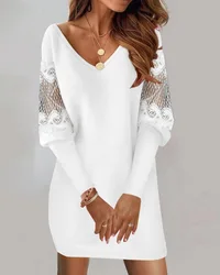 Elegant Mini Dress Women's Long Sleeve Midi Dress Autumn and Winter Fuzzy Cutout Lace Fashionable V-Neck Casual White Vestidos