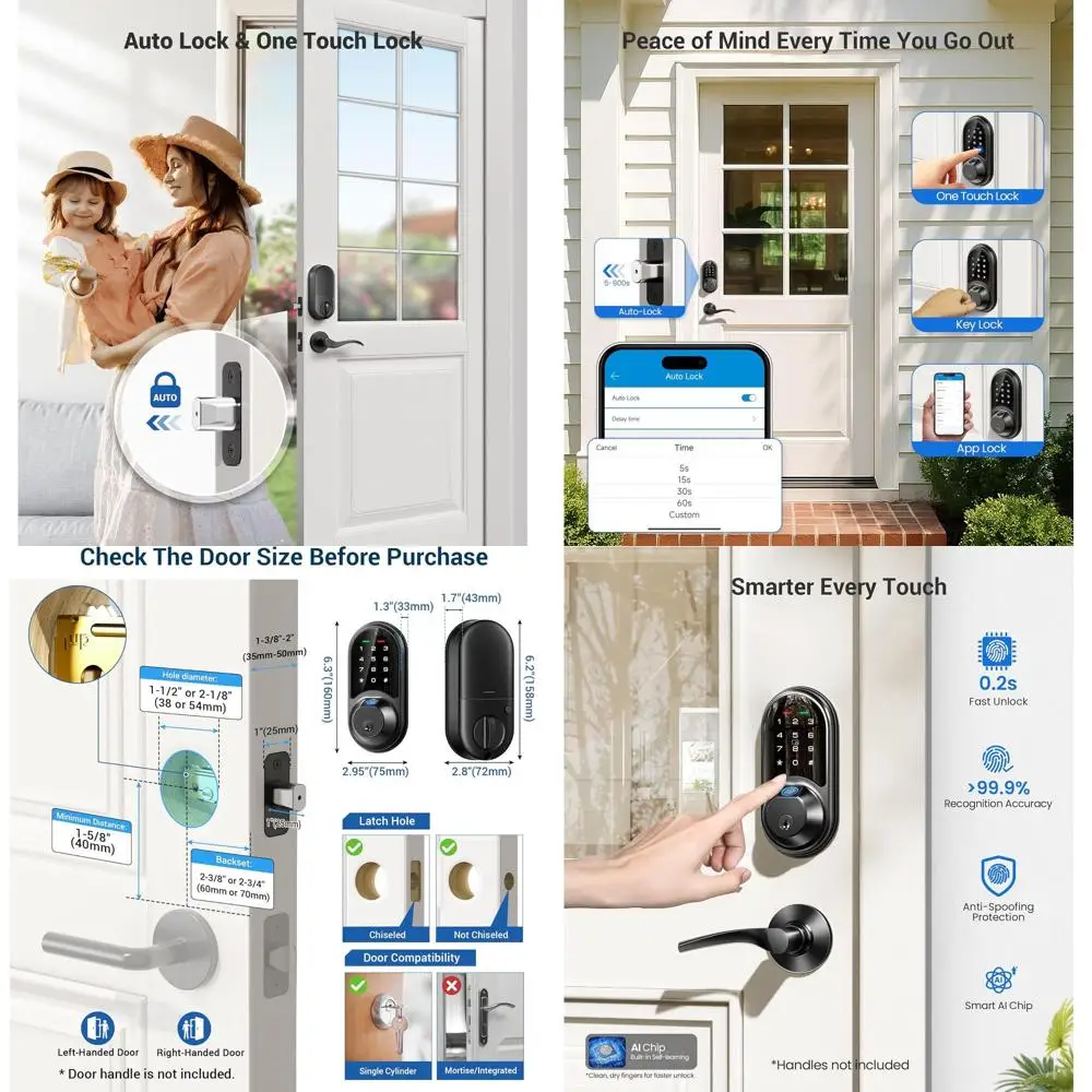 

Умный дверной замок 7-в-1 с отпечатком пальца, кодовой панелью и управлением через приложение, биометрический сенсорный замок-защелка, матовый черный