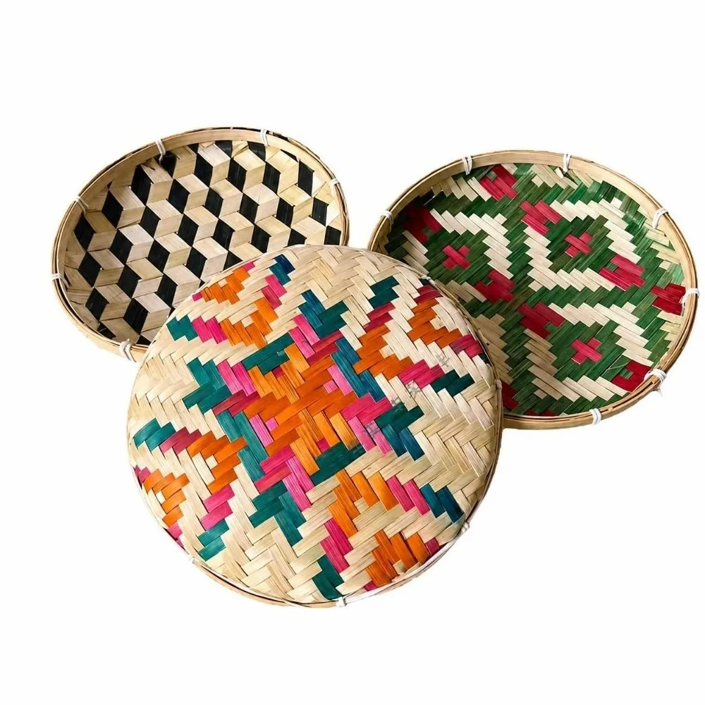 Handwoven Bamboo Winnowing Tray Bohemian Colorful Bamboo Woven Dustpan Plate Storage Basket Wall Decor Bamboo Woven Sieve