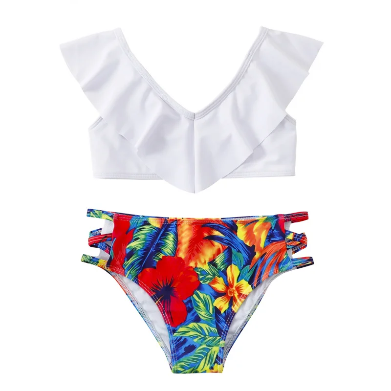 

New In-Stock Children's Swimwear Cute Solid Color Print for Big Girls Bikini Swimsuit