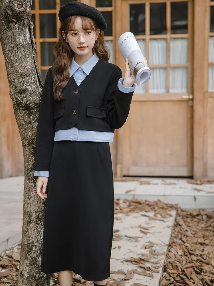 Lnsozkdg Long Sleeve Slimming Color Block Blazer Jacket + Slimming Midi Skirt Set Women Office Lady Female Clothes Fashion Sets