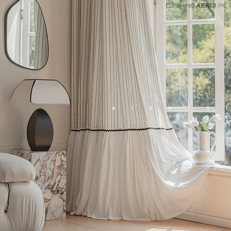 French Cream Black Sheer Curtains for Living Dining Room Bedroom White Tulle Striped Patchwork Design Protects Privacy Luxury