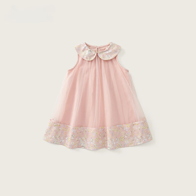 

2026 Hot Selling New Summer Cotton Solid Color Spliced Mesh Doll Floral Collar Dress for Children