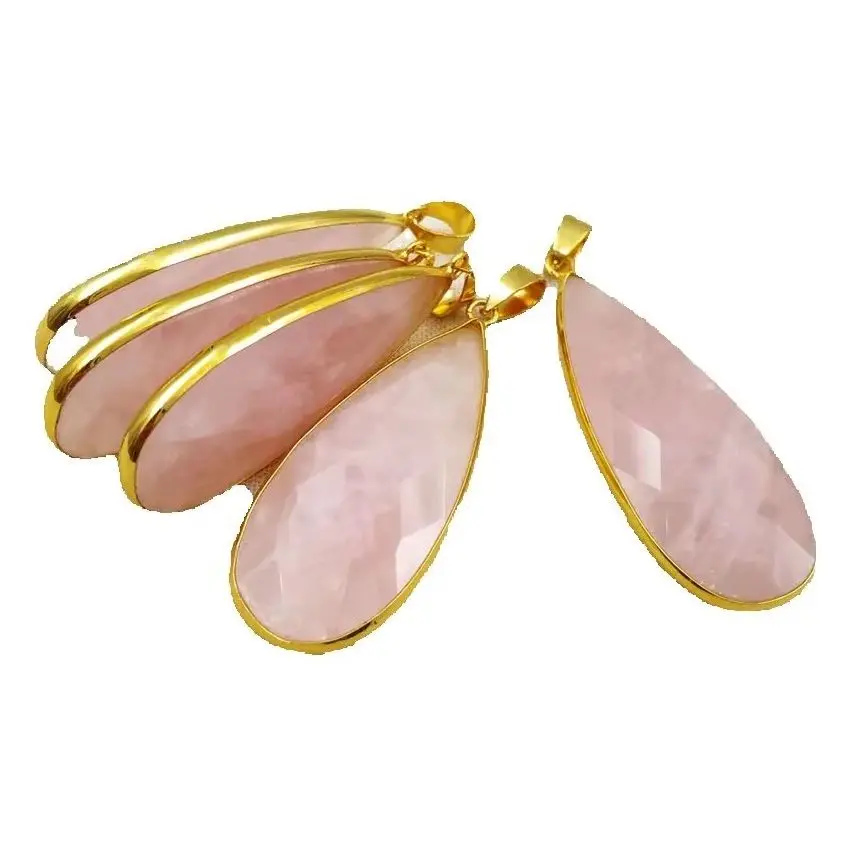 WT-P1348  New Arrival Beautiful Pink Color Quartz Pendant Metal Plated Faced Shape Elegant Quartz Necklaces Pendants