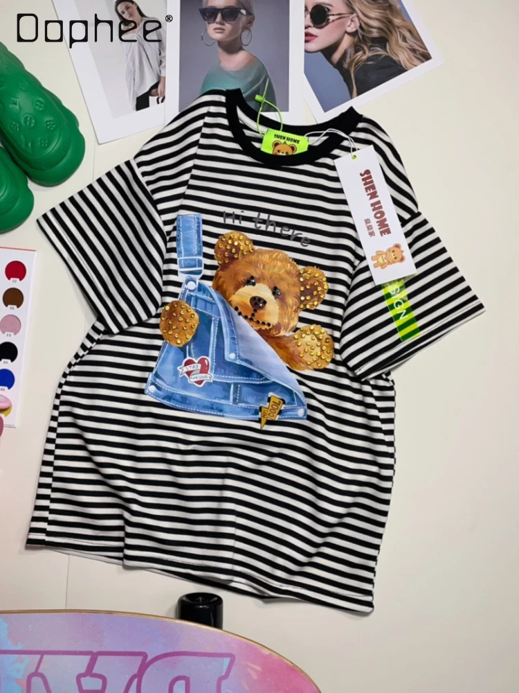 

Fashion Brand Exquisite Rhinestone Striped Short-Sleeved T-shirt Women 2024 Summer New Cute Little Bear Cartoon Round Neck Top