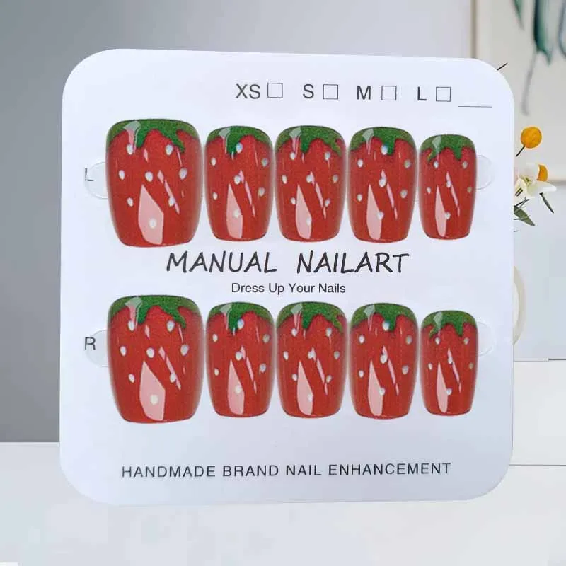 10Pcs Little Fresh Strawberry Fruit Series Crystal Strawberry Cat Eye Press on Nails with Polka Dot Simplicity False Nails Patch
