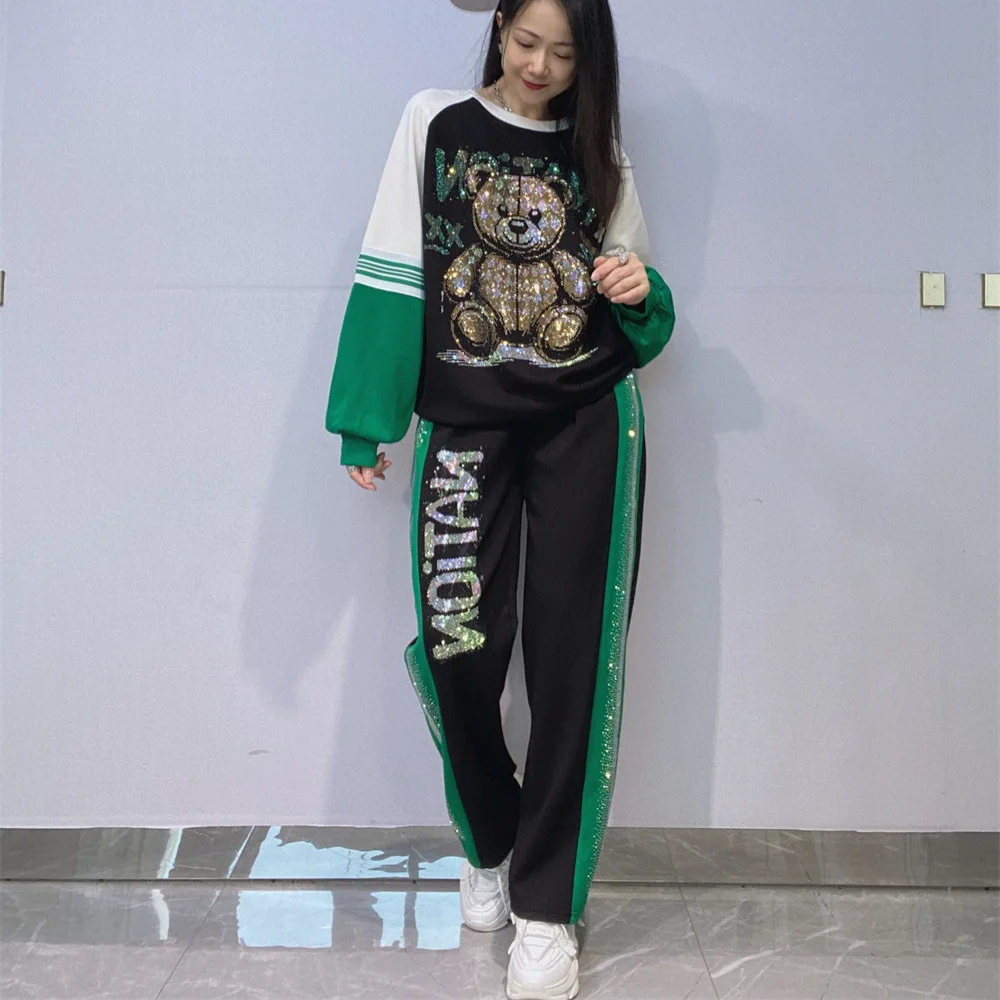 2026 New Autumn Colorblock Space Cotton Hoodie Set Cartoon Hot Diamonds Long Sleeve Pullover Top + Elastic Waist Straight Pants