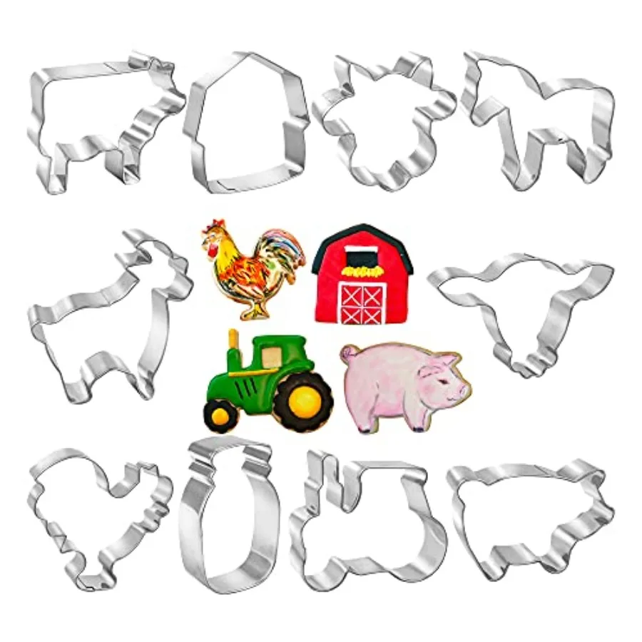 Juego de cortadores de galletas de granja, 10 Uds., con folleto de recetas, gallo, vaca, cerdo, cordero, caballo, Granero y Tractor, cara de vaca, botella de leche, cabeza de toro