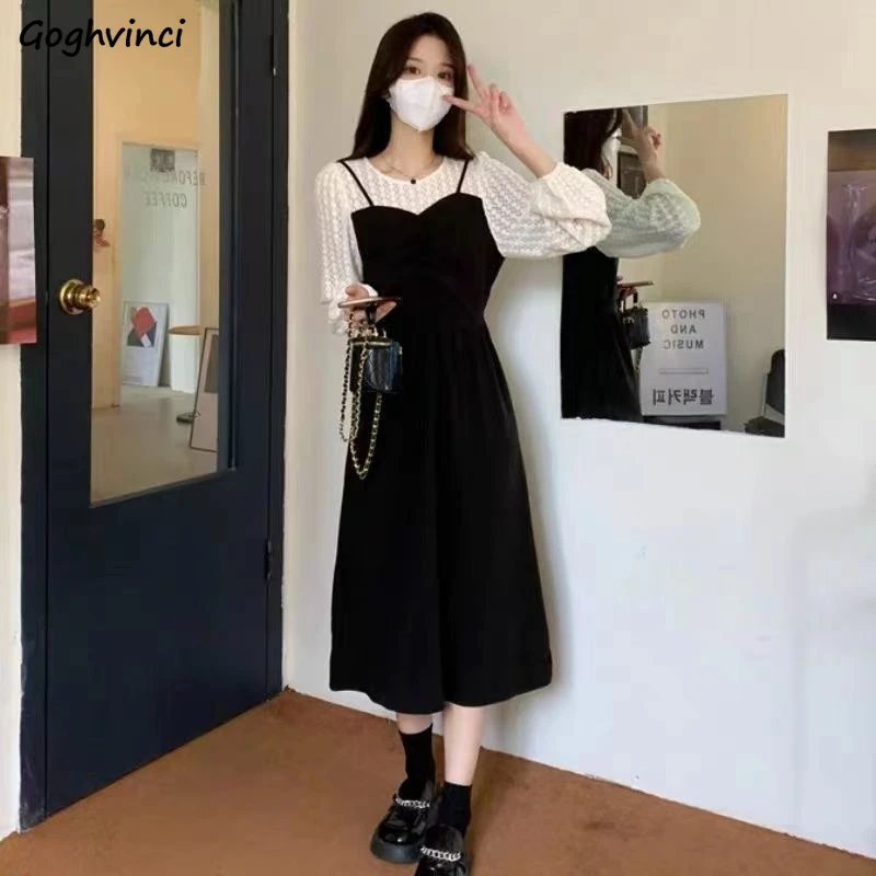 Lace Patchwork Dress Women Autumn New Flattering Waist A-line Vestidos Mujer Elegant Gentle All-match Streetwear Korean Style