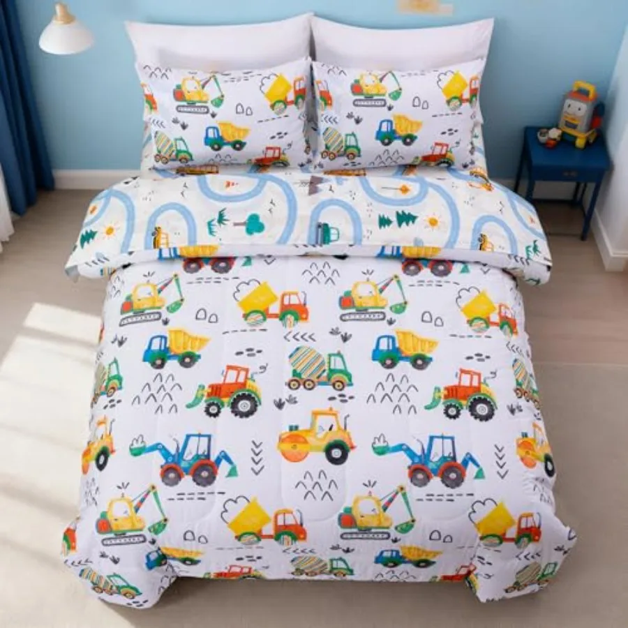 

5 Pieces Construction Truck Comforter Set for Boys Colorful Painting Vehicles Excavator Lightweight Microfiber Bedding Sets