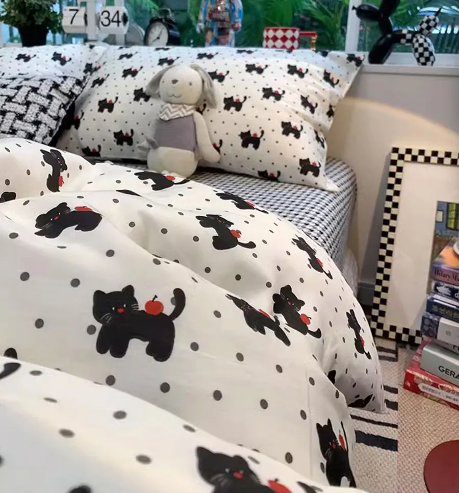 Cute cartoon cat polka dot black bedding set single double,twin full queen cotton home textile bed sheet pillowcase duvet cover