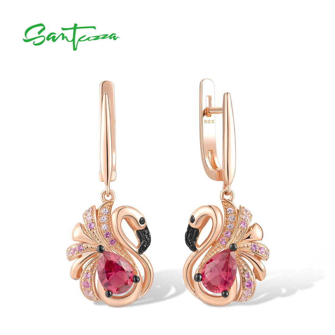 SANTUZZA pendientes de plata de ley 925 pura para mujer, cristal rojo de zafiro creado brillante, bonito flamenco rosa, joyería fina