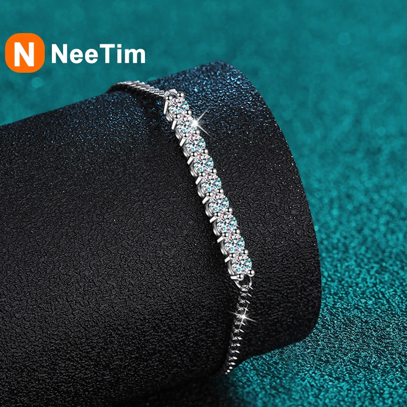 

NeeTim All 3mm Pass Diamond Tester Round Moissanite with White Gold Plated Bracelets Original 925 Silver Bracelet for Women