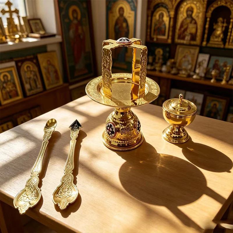Luxury Gold Orthodox Altar Set Metal Religious Icon Tray Plate and Sacred Vessel Set with Box for Church supplies Christian Gift