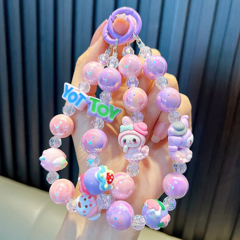 

New Sanrio beaded mobile phone chain keychain mobile phone lanyard cartoon anime girl kawaii backpack pendant decoration
