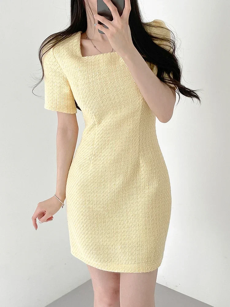 Onalippa Small Fragrance Tweed Mini Dress Square Collar Short Sleeves High Waist A Line Dresses Korean Chic Sweet Vestidos Women