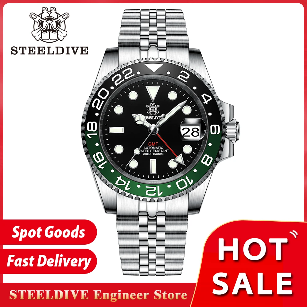 STEELDIVE SD1993 Luxury GMT Watch Bidirectional Rotation Ceramic Bezel 4 Pointers NH34 Mechanical Swiss Luminous 300M Waterproof