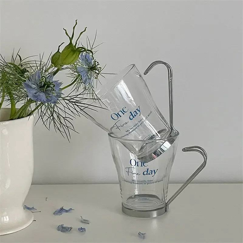 Koreanischer einfacher Wasserbecher mit Edelstahlgriff, hitzebeständiges Glas, Milch, Kaffee, Trinken