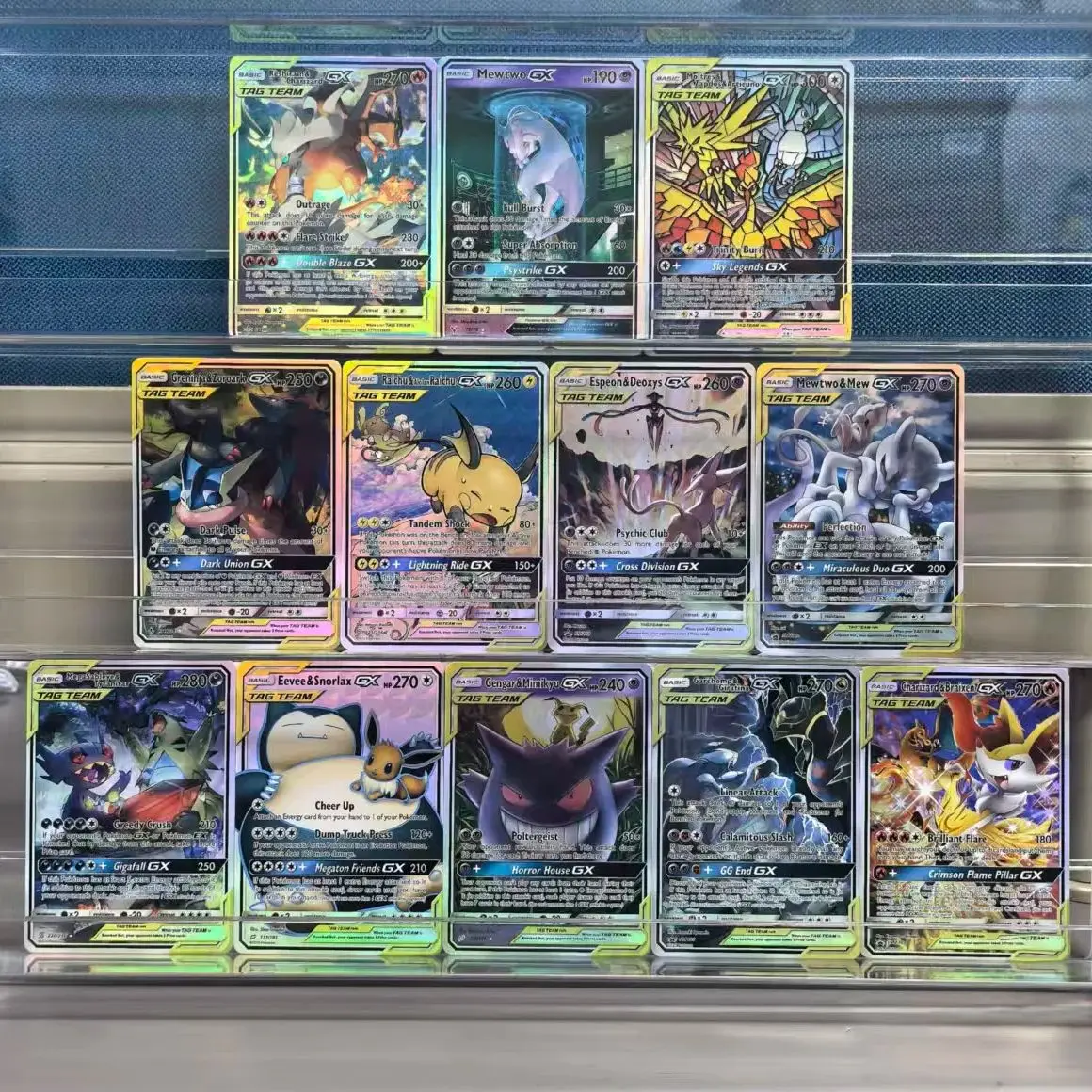 12 Pz Inglese Pokemon Collezione Carte TAG TEAM Mewtwo Zekrom Gengar Snorlax Raichu Charizard GX Gioco Classico Anime Carte Giocattoli