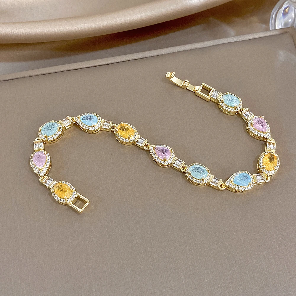 DODOHAO Classic Shiny Colorful Zirconia Oval Water Drop Chain Bracelet for Women Cute Sweet Metal Copper Bangle Y2K Jewelry Gift