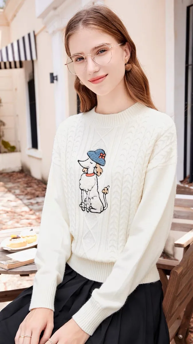 Cartoon Embroidery Knit Sweater Tops Women 2024 Spring Long Sleeve O-neck Pullovers Casual Fashion Loose Ladies Jumpers Knitwear