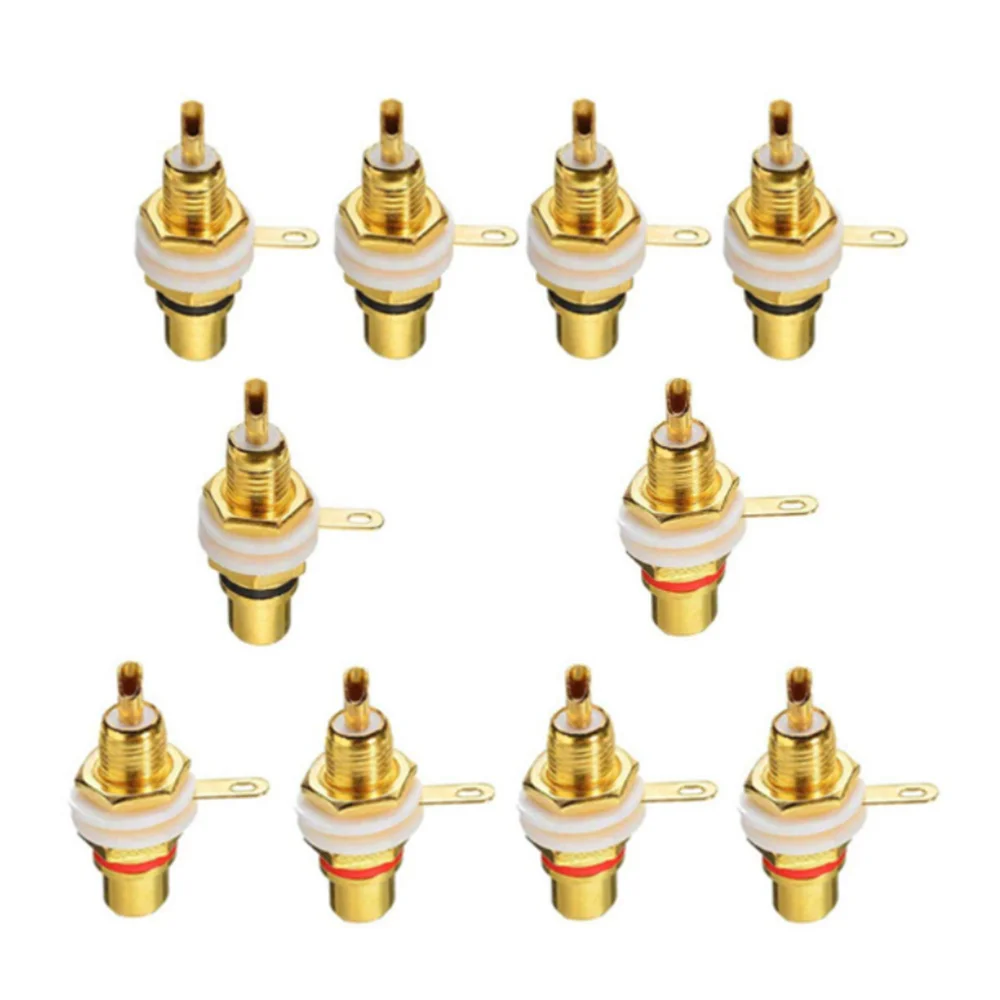 10Pcs RCA Female Jack Plated Rca Connector Gold Panel Mount Chassis Audio Socket Plug Bulkhead with Nut Solder Cup