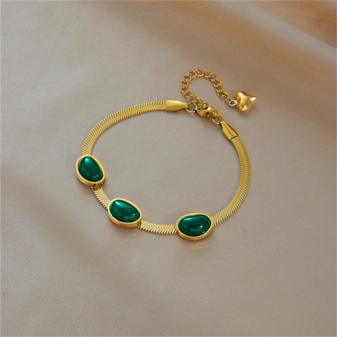 Punk Zirconia Green Oval Charm Bracelet Female Gold Color Stainless Steel Flat Snake Chain Link Bracelet for Woman Jewelry Gift