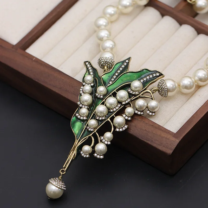 European and American Fashionretro High Quality Light Luxury Heavy Industry Green Drop Glaze Bell Orchid Pearl Necklace Earring