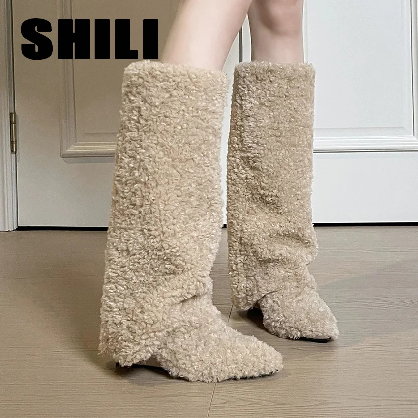 Botas Mujer Lamb's Wool Snow Boots for Women Pointy Toe Wedges Slip On Warm Hotties Knee High Boots Winter Soft Furry Shoes