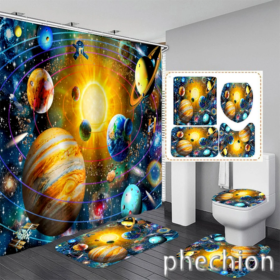 phechion Fashion 3D Print Planet universe Shower Curtain Waterproof Bathroom Curtain Anti-slip Bath Mat Set Toilet Rugs VR280