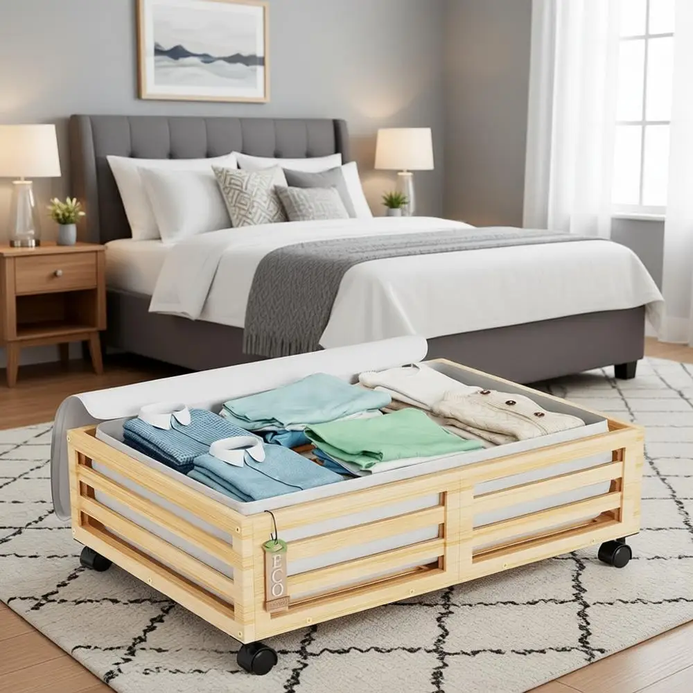 

Rolling Underbed Storage Containers with Wheels and Large Dust Bag, 2-Pack Wood Shoe Organizers (Small, Natural)