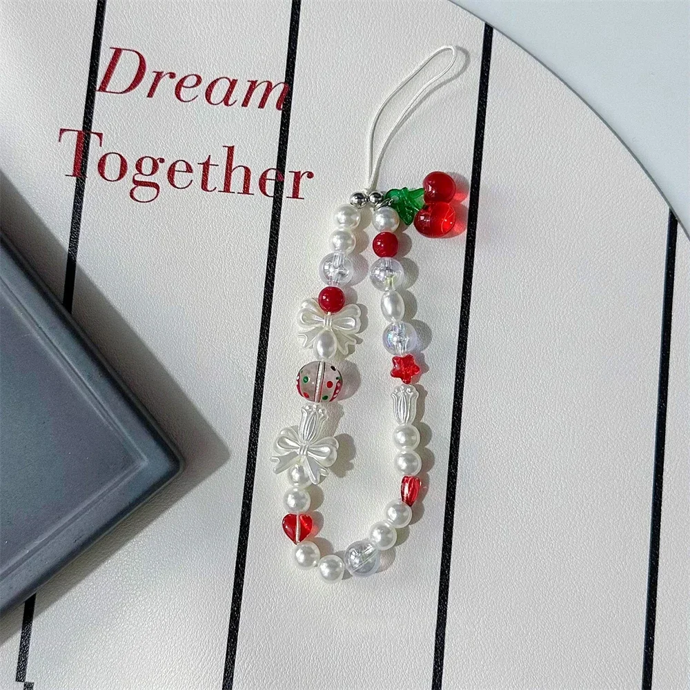 Cute Cherry Strawberry Bowknot Phone Chain Lanyard Charm Strap Wrist Bead Hanging Cord Bracelet Keychain for IPhone Girl Rope