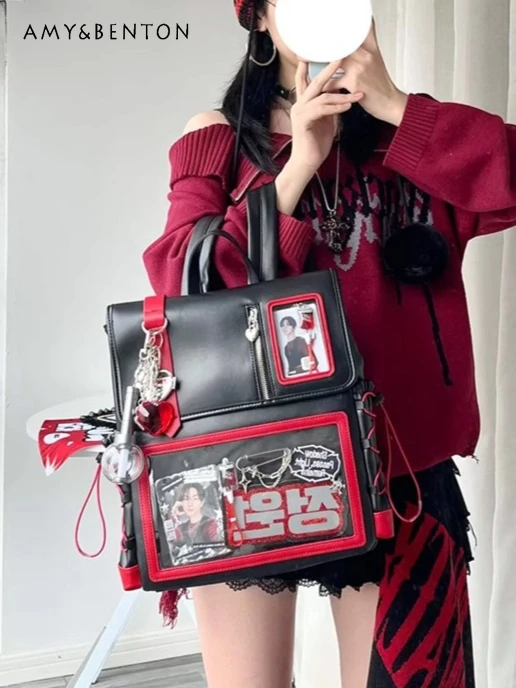 

Original Design Daily Itabag Large Capacity Transparent Splicing Color Zipper Backpack Preppy Style Leather Shoulder Bag Student