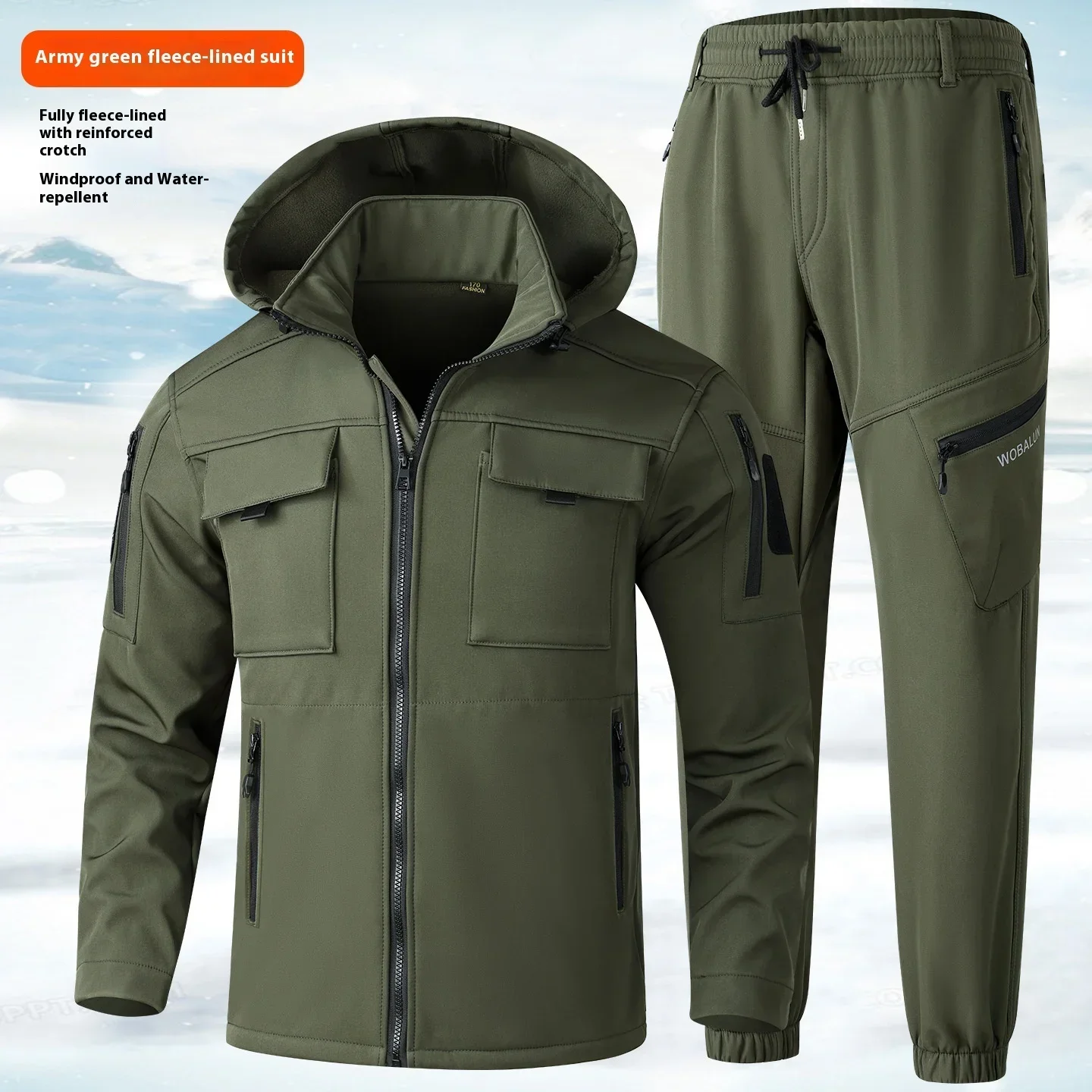 Mens Winter Warm Waterproof Fleece  Cycling Labor Protection Clothing  Set Outdoor Work Clothes Hunting Jacket PantsFishing