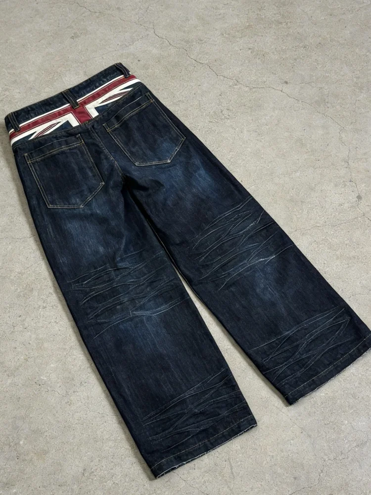

Union Jack Waistband Wide Leg Jeans Men Dark Blue Oversized Distressed Y2K Casual Denim