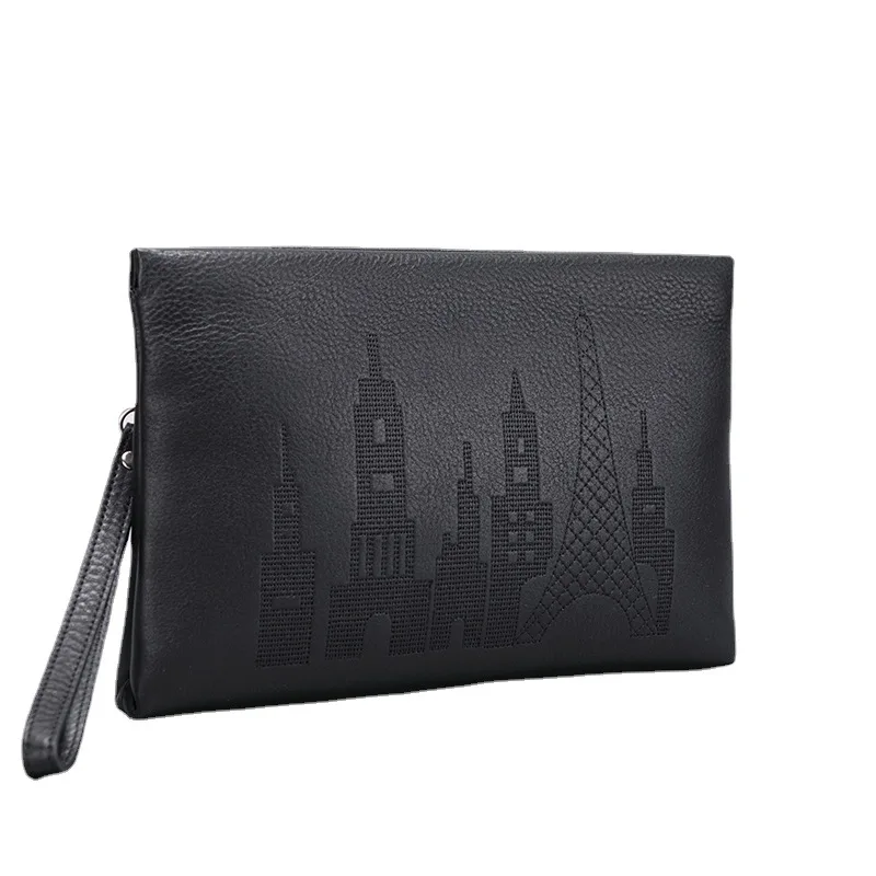 Genuine leather men's hand clutch bag with sophisticated embroidery for business and fashion