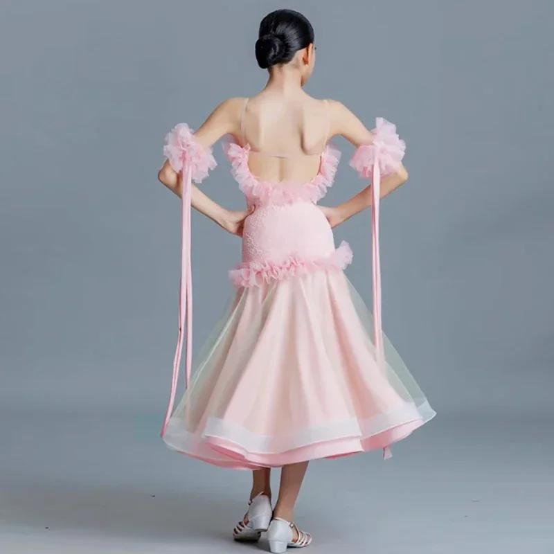 Kinder Mädchen Walzer Tango Ballsaal Tanzkleidung Professionelle Spaghettiträger Chiffon Kleider Große Fischgrätenröcke Moderne Kostüme