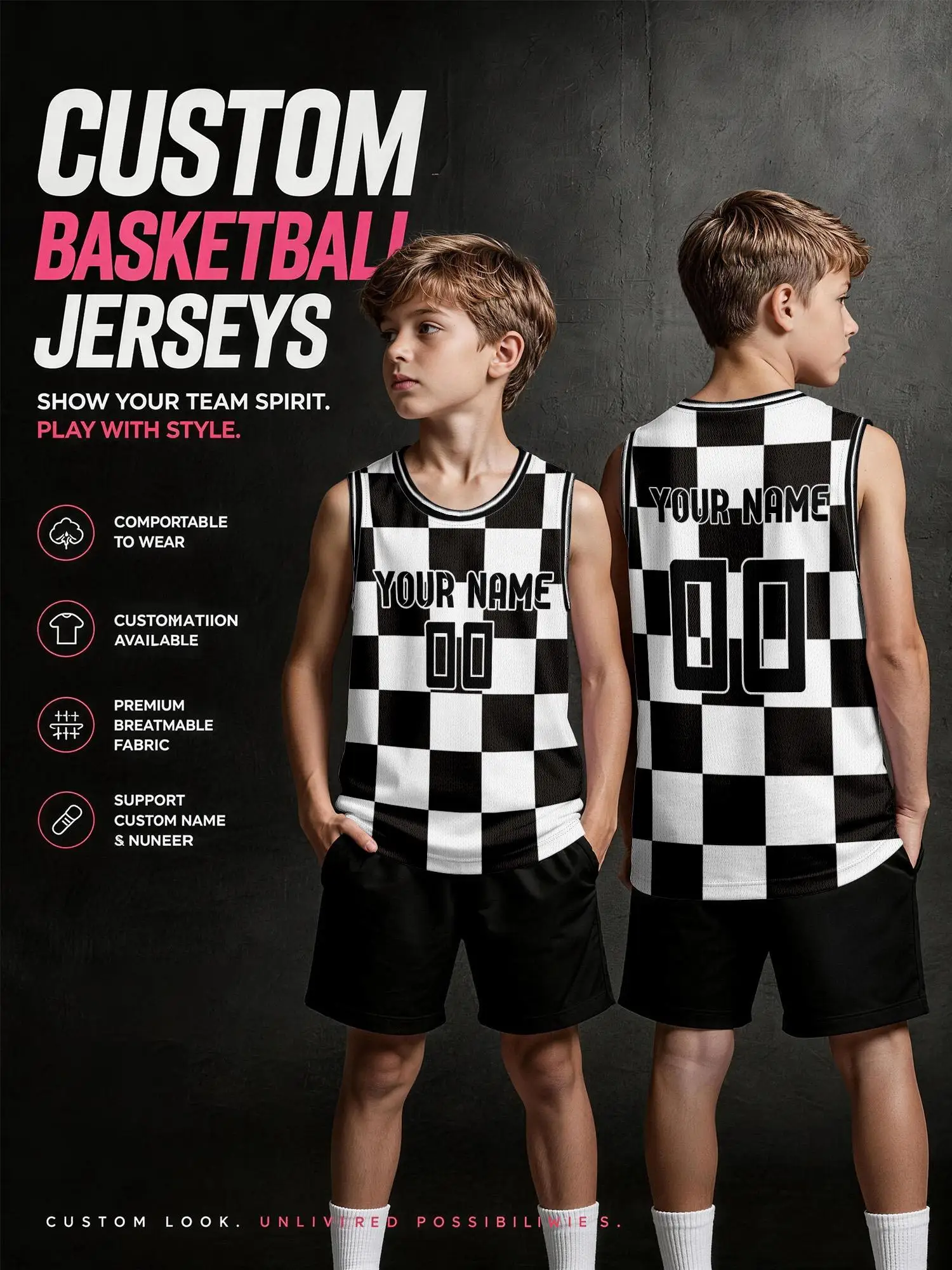 Black‑White Checkered Custom Basketball Jersey, DIY Name & Number, Breathable Quick‑Dry Set For Adults & Kids