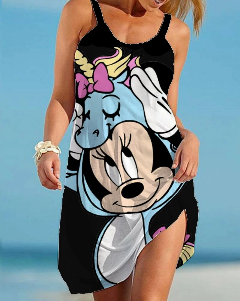 Vestido bohemio con estampado de dibujos animados de Minnie de Disney para mujer, vestidos sin mangas con cuello en V a la moda, vestido de playa suelto con dobladillo de verano, vestido elegante