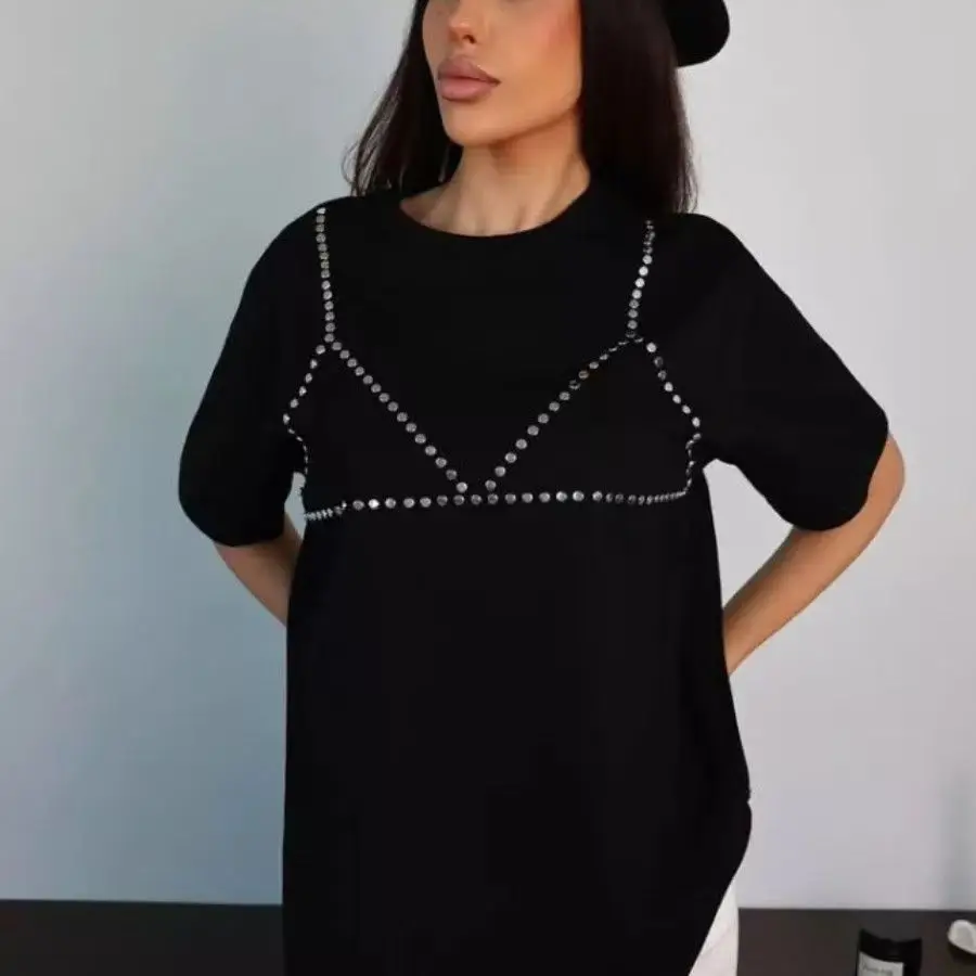 Funny Bra Hot Diamond American Streetwear Style T-shirt Summer Women's Y2K Retro Pure Cotton Short Sleeve T-shirt Summer 2026