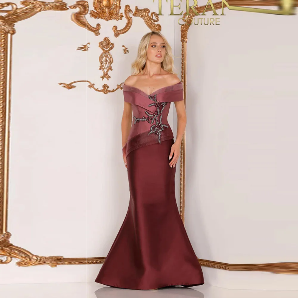 

Classic Trumpet Mother of The Bride Dress Off the Shoulder Rhinestones Lacing up Customized Elegant Wedding Guest Gown