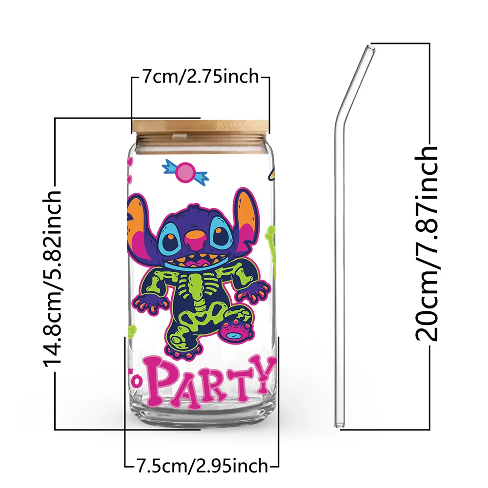 1pc 16oz Disney Stitch Skeleton Halloween BOO PARTY Glass Tumbler with Lid & Straw Reusable Drinkware for Home Office Party