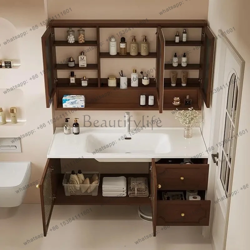 Bathroom Cabinet American Solid Wood Bathroom Cabinet Ceramic Integrated Basin Wash Table Hand Washbasin Cabinet